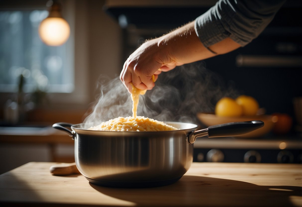 A pot simmers on the stove while a measuring cup pours flour into a mixing bowl. A spoon stirs the ingredients together as a timer counts down