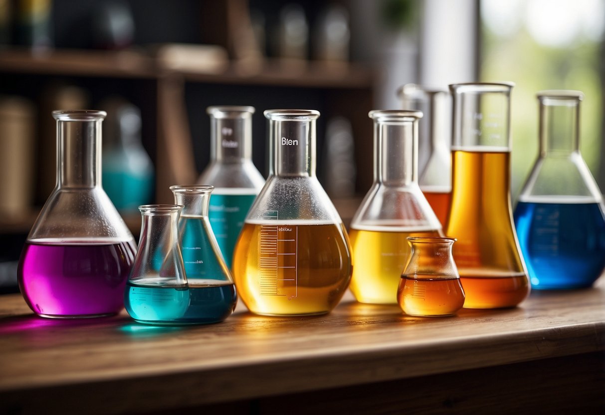 A cluttered table holds beakers, test tubes, and colorful liquids. A poster on the wall lists 5 ways to incorporate learning into everyday play