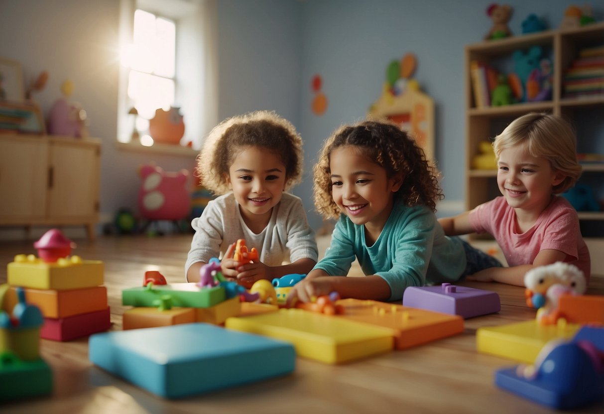 Children engage in interactive storytelling with colorful props. Toys and books are scattered around the room. A parent or caregiver sits nearby, guiding the learning through play