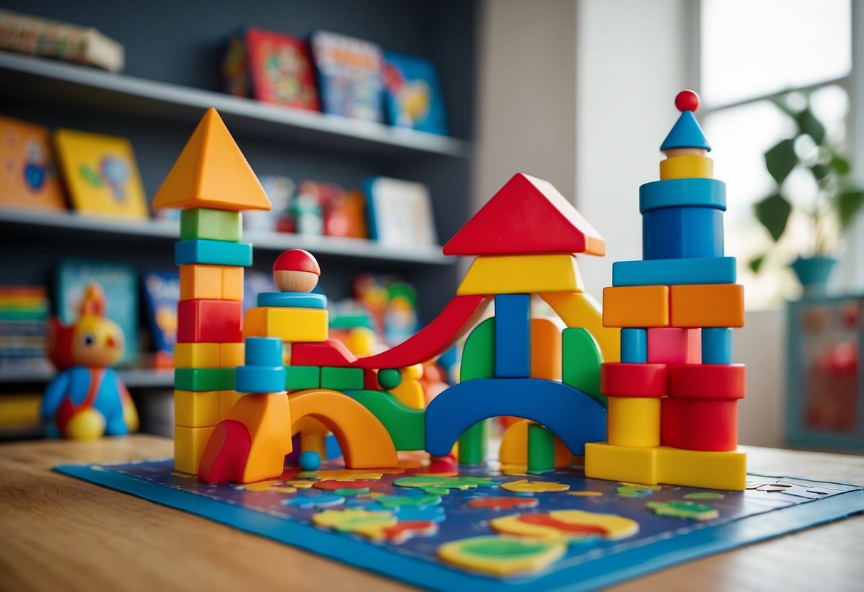 A child's play area with educational toys, books, and puzzles. A colorful and inviting space with a mix of fun and learning materials