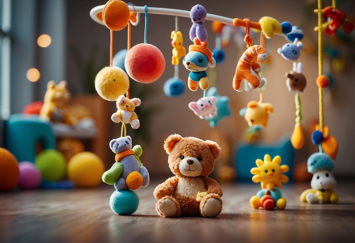 A colorful array of toys scattered on a soft, cushioned floor. A mobile hangs above, with bright shapes and patterns. A baby's play gym is surrounded by soft, plush animals and textured objects