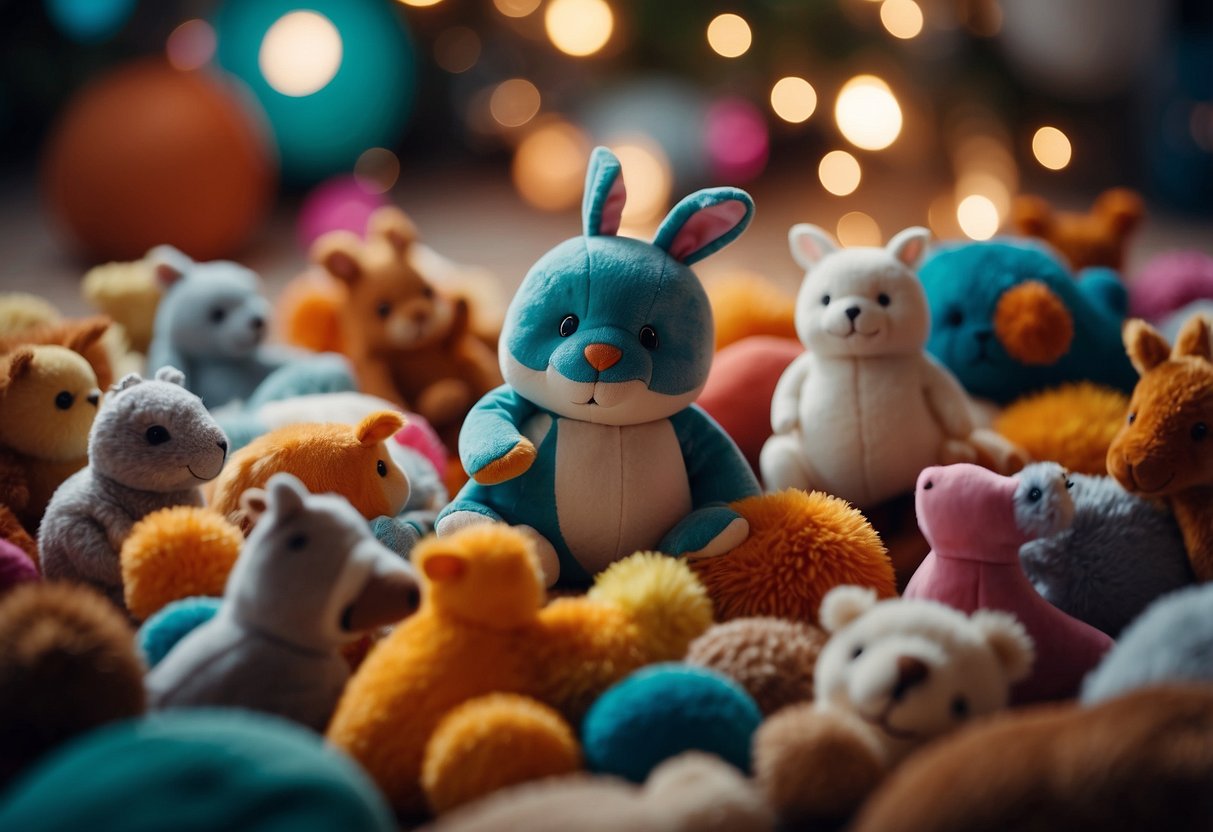 A colorful array of toys and textures, from soft plush animals to crinkly fabrics, scattered across a play mat. Bright lights and gentle music fill the room, inviting exploration and discovery