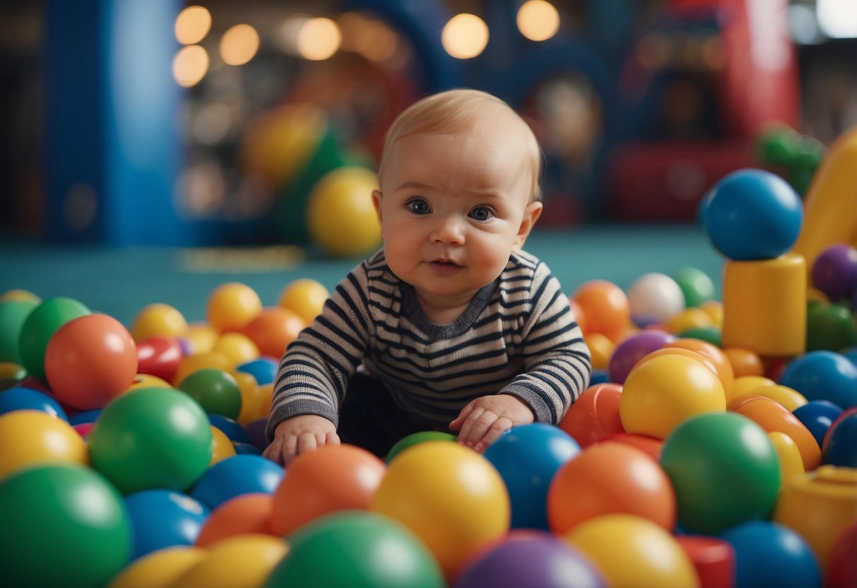 A baby reaching for and grasping colorful toys, while sitting on a soft play mat surrounded by various textured and interactive objects