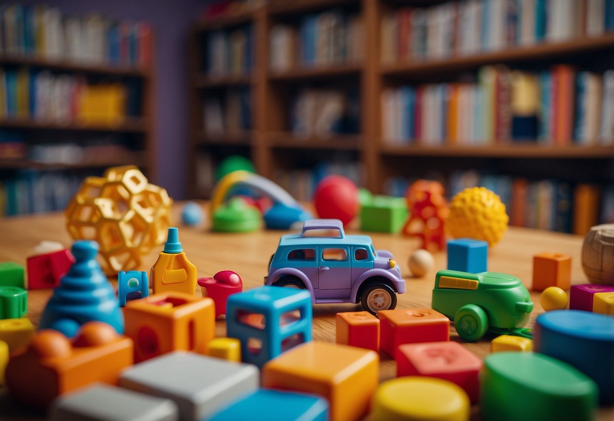 A colorful array of age-appropriate toys scattered on a soft, safe surface, surrounded by books and interactive learning materials. The toys vary in texture, size, and shape to engage and stimulate cognitive development