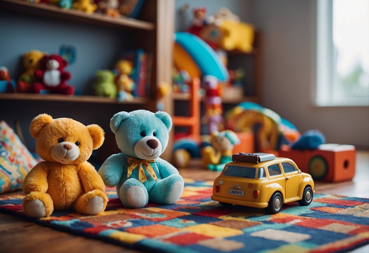 A colorful array of toys and books scattered across a soft, padded play mat, with a mobile hanging overhead, surrounded by soft, natural light