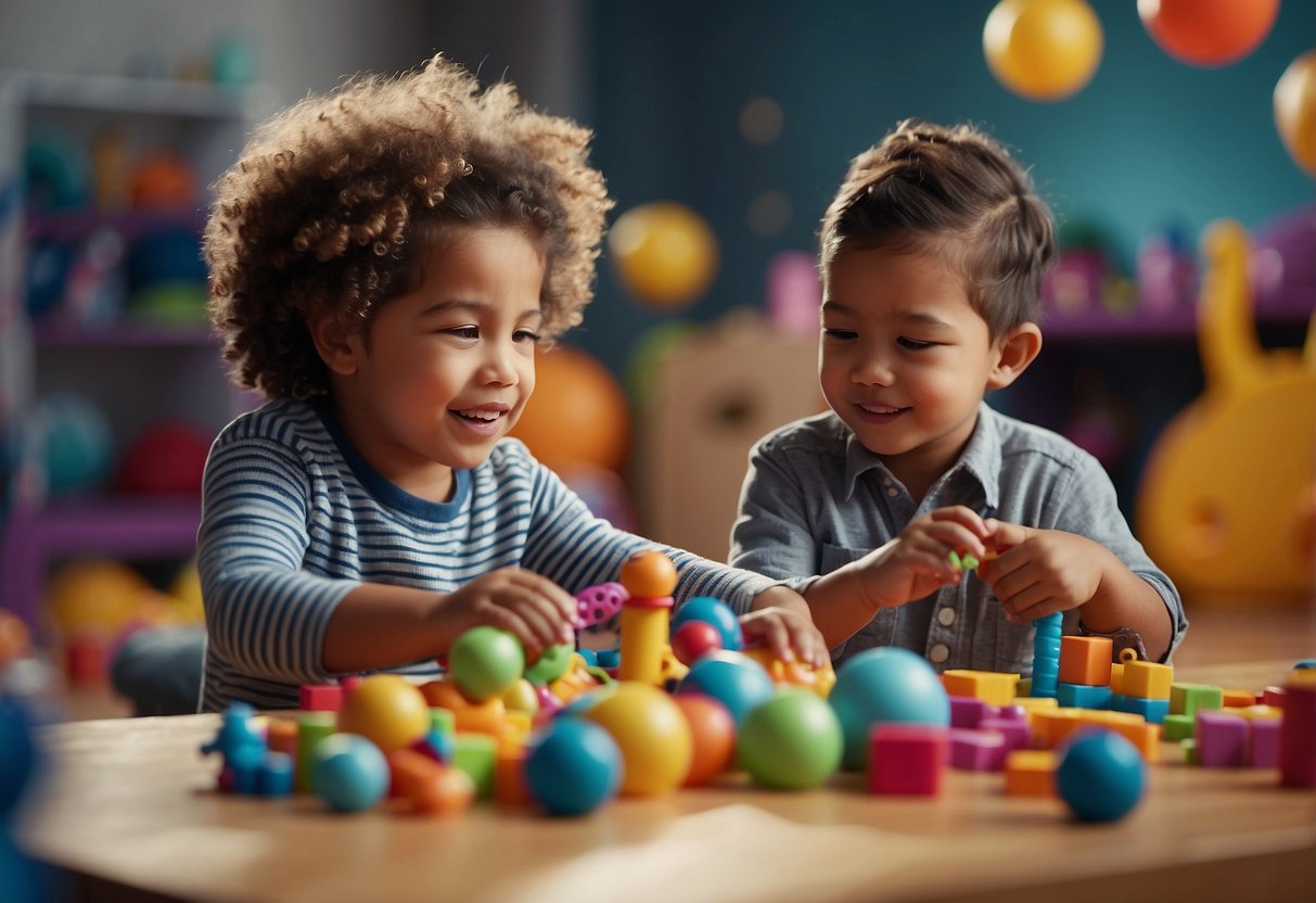 Children playing with toys in a colorful, interactive environment. Various developmental toys and activities promote social interaction and growth in the first year