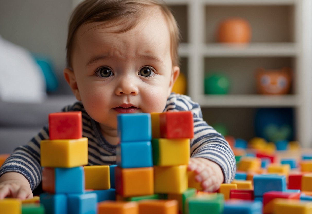 A baby plays with colorful blocks, figuring out how to stack them. The child's focus and determination show the development of problem-solving skills during playtime