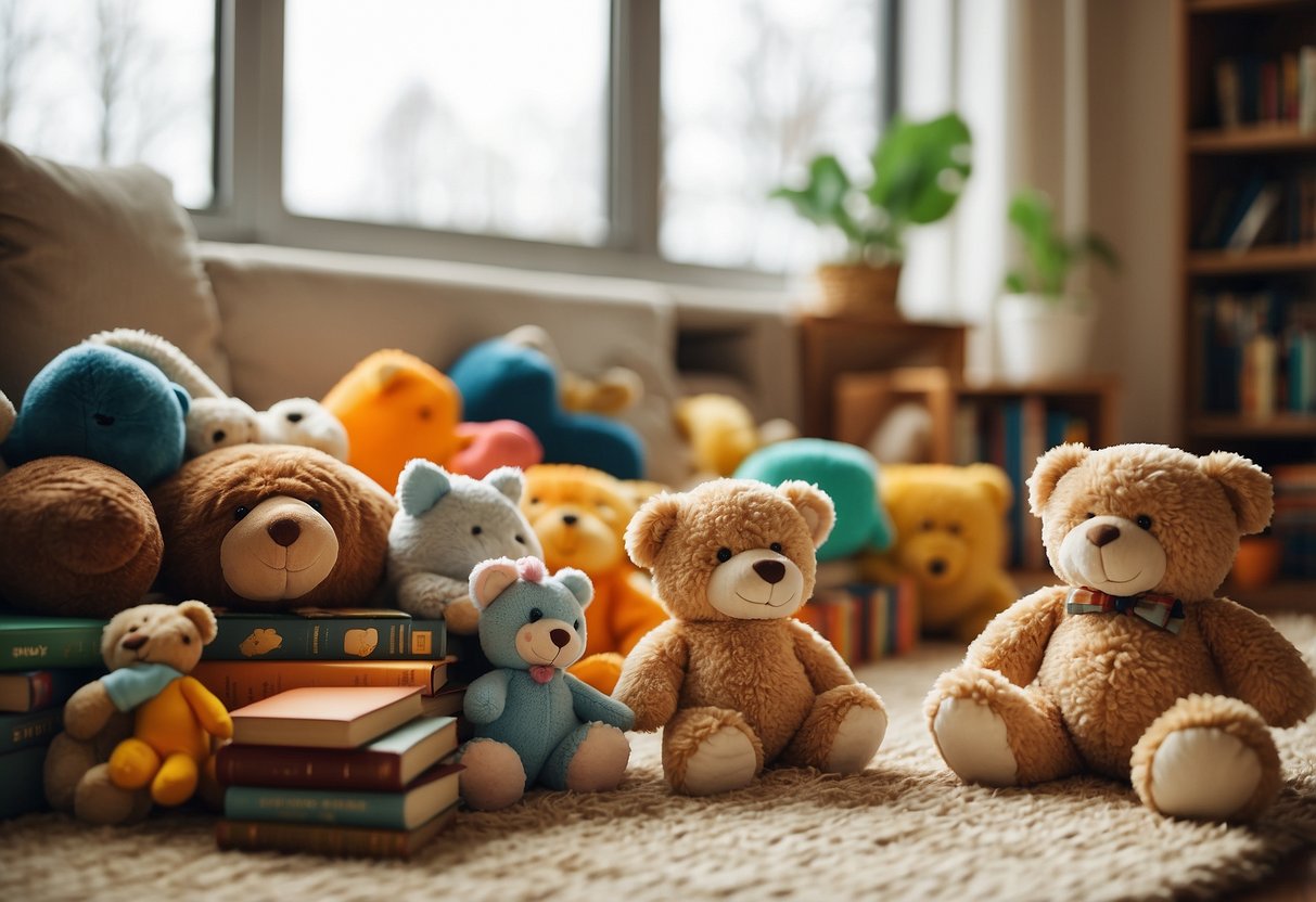 A colorful array of toys and books scattered across a soft, plush rug. A bright window lets in natural light, illuminating the space and inviting exploration