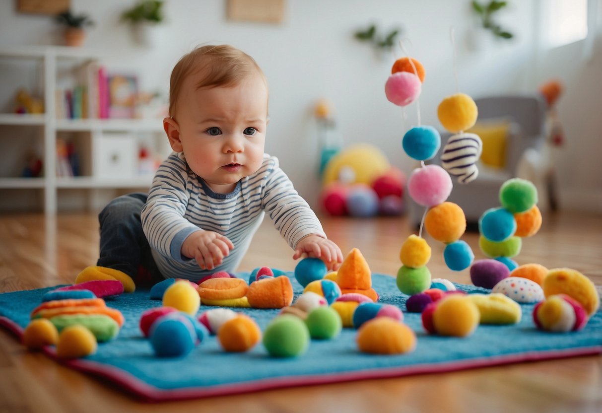 Babies playing with colorful toys on a soft, padded mat. Bright, engaging mobiles hang above, capturing their attention. A book with large, vibrant pictures sits nearby, ready for exploration