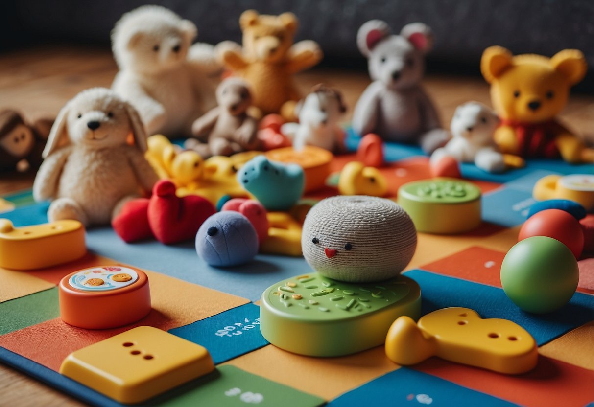 A colorful playmat with various shapes and textures, surrounded by soft toys and rattles. A stack of board books with bright, simple images