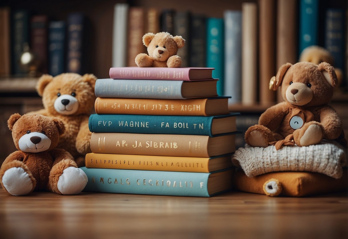 A colorful stack of soft books with numbers, shapes, and animals. A baby reaching out to touch them, surrounded by toys and a cozy blanket