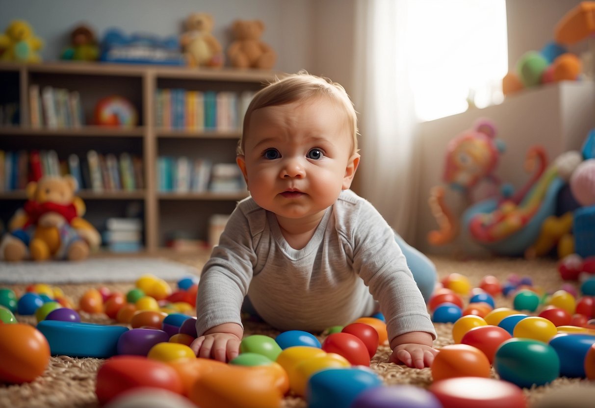 A baby surrounded by colorful toys and books, crawling on a soft, padded floor. Bright, educational posters adorn the walls, while soft music plays in the background