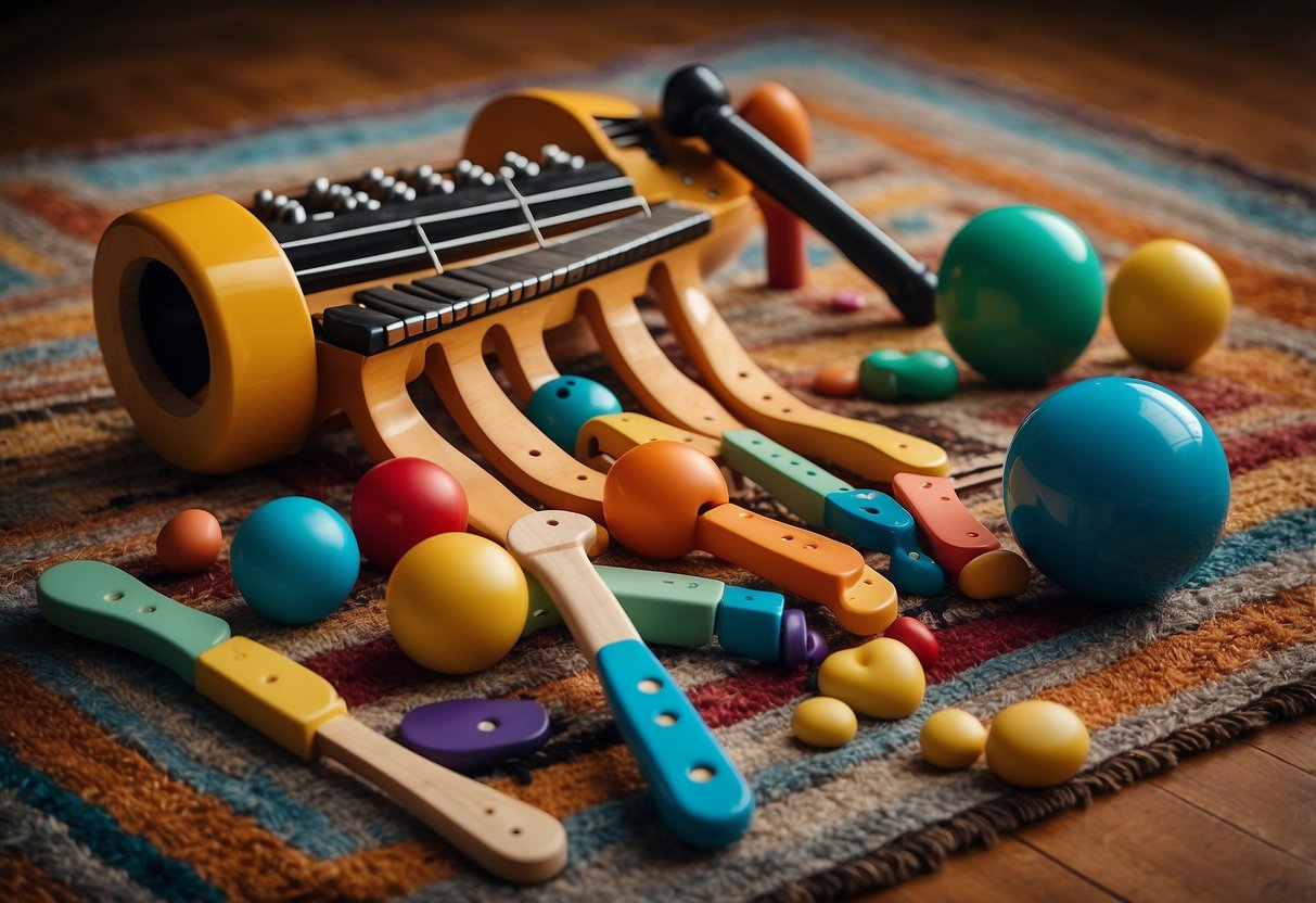 A colorful array of musical instruments scattered on a soft, plush rug. A xylophone, drum, tambourine, and maracas create a playful and inviting scene for babies to explore and interact with