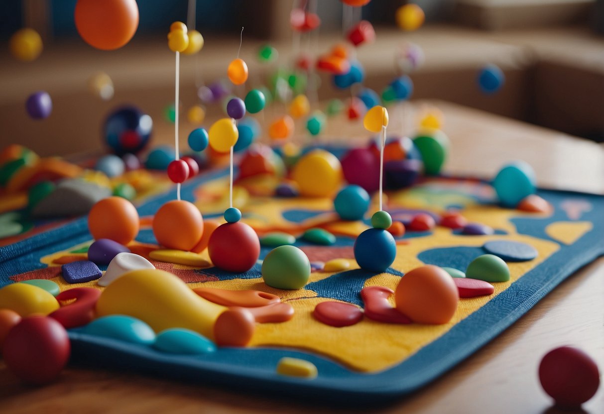 Colorful toys scattered on a soft, padded play mat. A mobile with bright, engaging shapes dangles overhead. Books and sensory objects are within reach for curious little hands