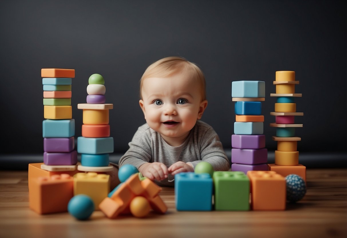 Babies engaged in various activities: stacking blocks, playing with sensory toys, exploring textures, and hiding objects in containers