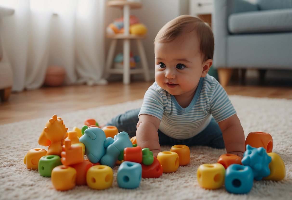 Babies playing with colorful toys in a padded, well-lit room. Soft music plays in the background as they explore different textures and shapes