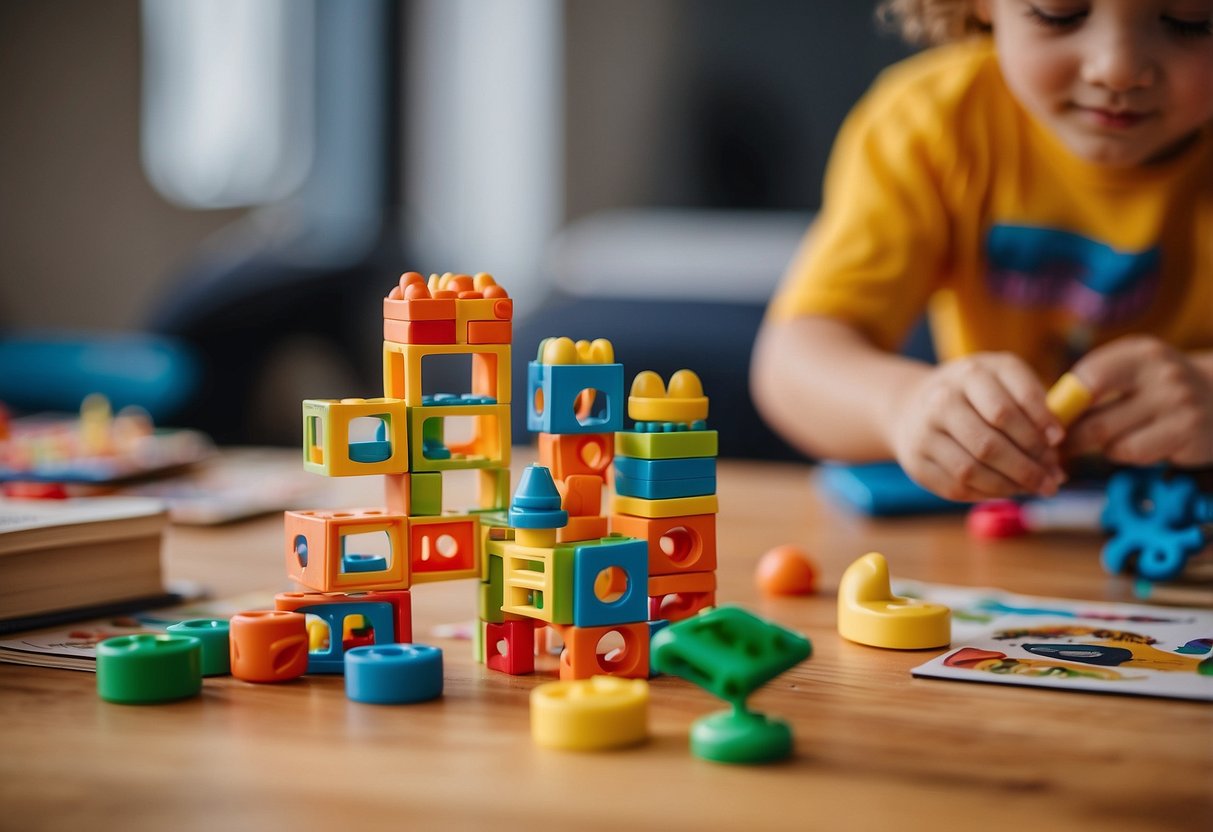 To depict "7 Techniques to Make Playtime More Engaging and Educational," illustrate a colorful play area with various educational toys, books, puzzles, and art supplies. Show children actively engaged in activities that promote learning and creativity