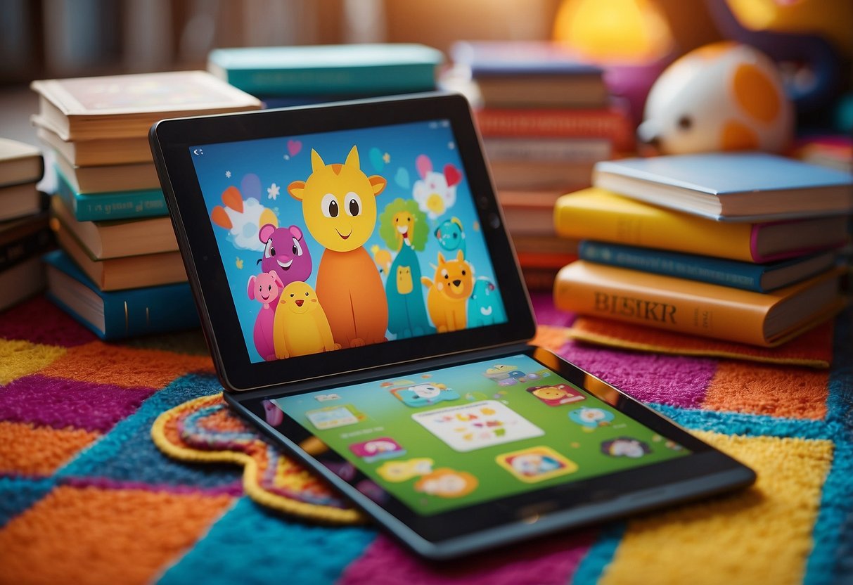 Children's books and tablets sit on a colorful rug. A tablet displays an interactive story, while books are scattered around. A child's toy is nearby