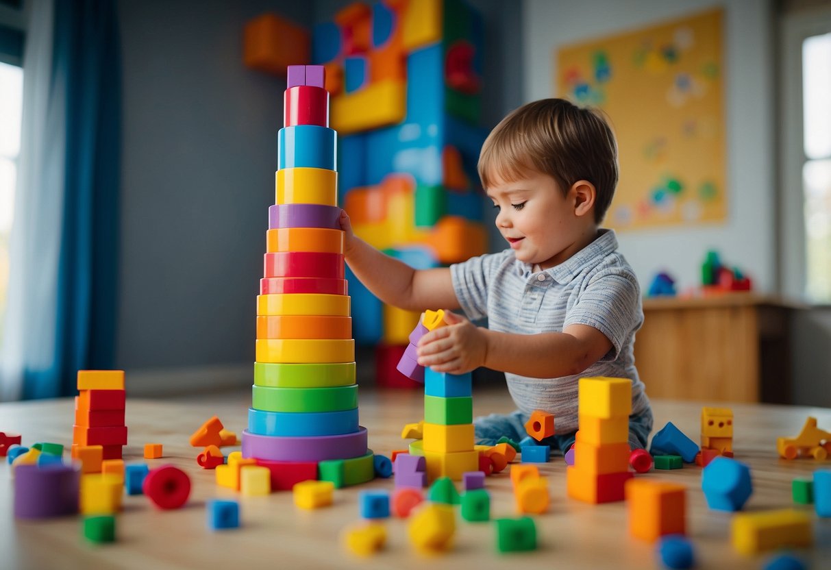 A child constructs a colorful tower with educational blocks, exploring shapes and sizes, and engaging in imaginative play