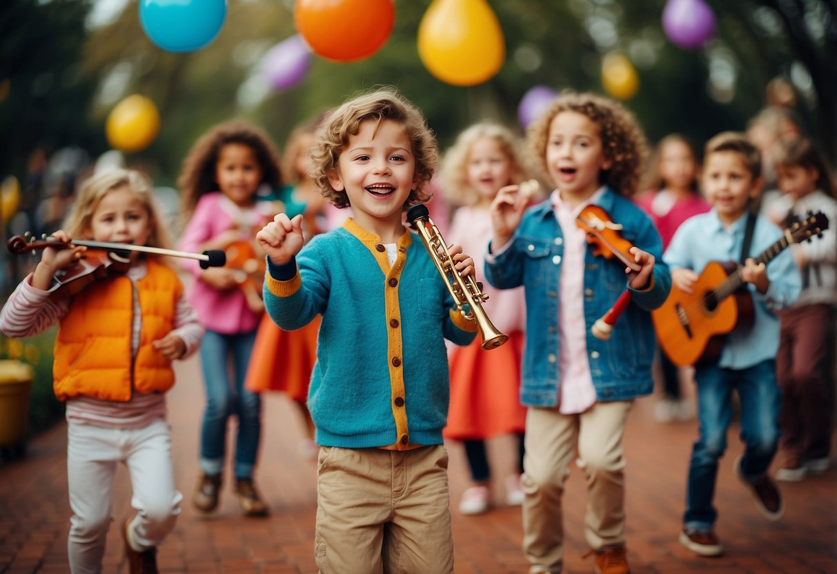 Children dancing and singing with musical instruments, colorful props, and interactive games in a vibrant and playful environment