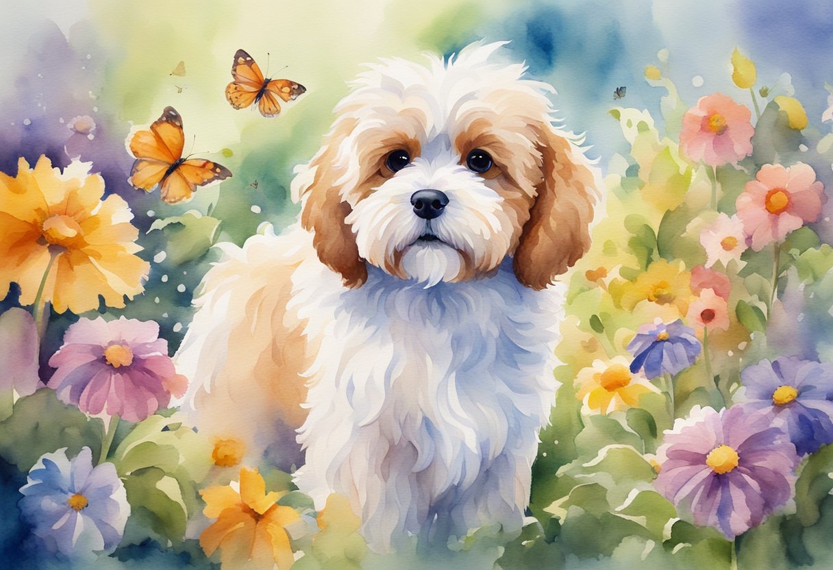 A fluffy Mini Cavapoo stands in a sunlit garden, surrounded by colorful flowers and butterflies