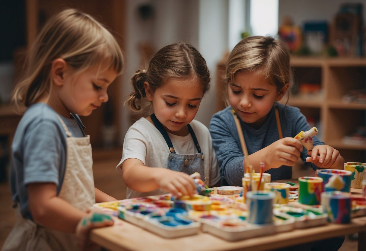 Children engaging in various art activities: painting, sculpting, crafting, and experimenting with different materials. An adult provides guidance and demonstrates techniques for a fun and educational playtime