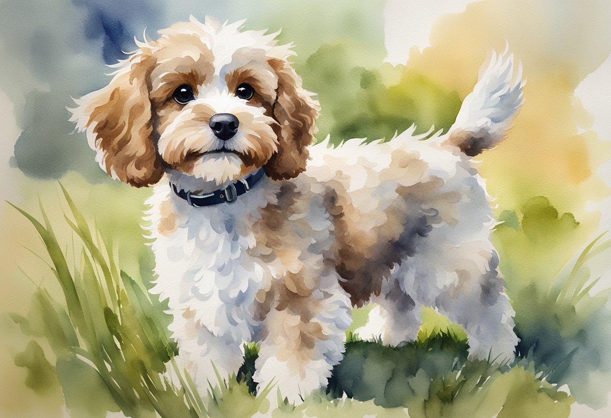 A small, fluffy Mini Cavapoo stands on a grassy field, with a playful expression and wagging tail. Its curly coat is a mix of brown, white, and black, and its floppy ears frame a friendly face