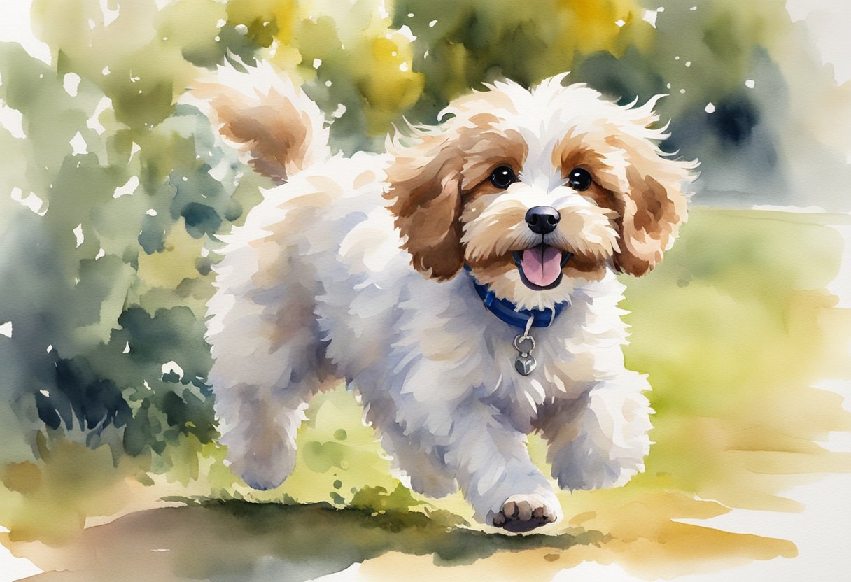 A playful Mini Cavapoo puppy romps through a park, surrounded by adoring families and children. Its fluffy coat and endearing expression capture the hearts of onlookers