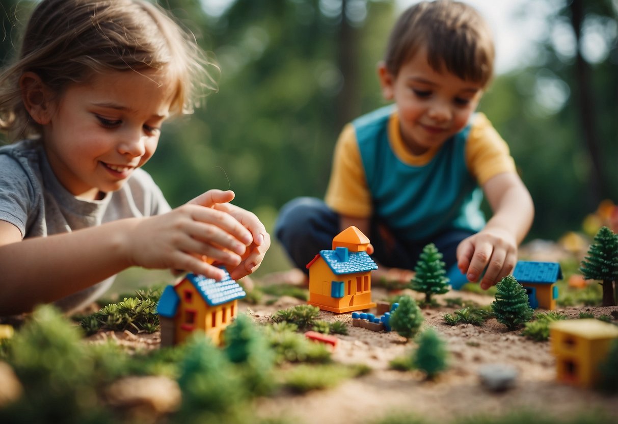 Children playing with interactive toys and games, exploring nature, building with blocks, solving puzzles, creating art, and engaging in imaginative play