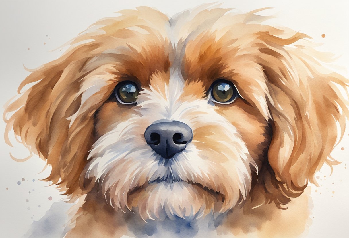 A Mini Cavapoo sits calmly, tail wagging, with a gentle expression. Its soft fur is a blend of colors, and its eyes are bright and alert