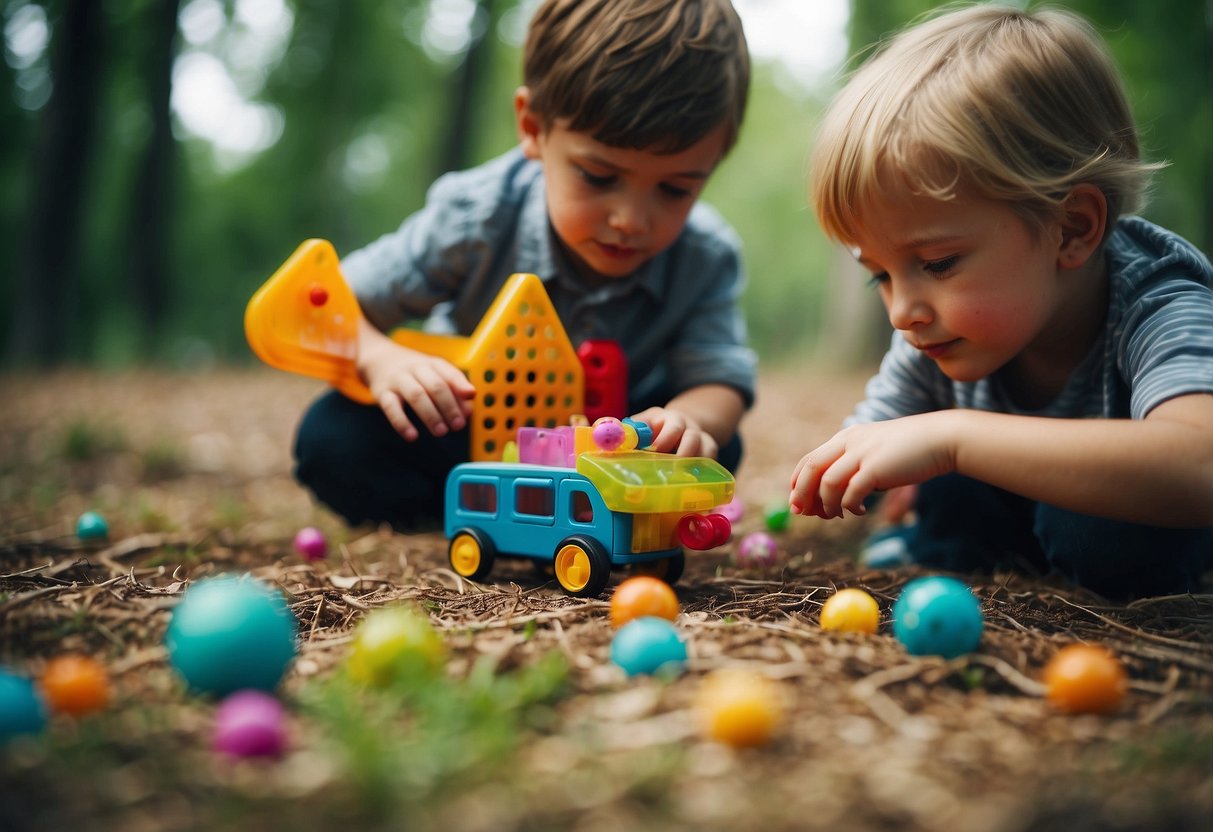 Children playing with interactive educational toys, exploring nature, and engaging in hands-on experiments with colorful materials