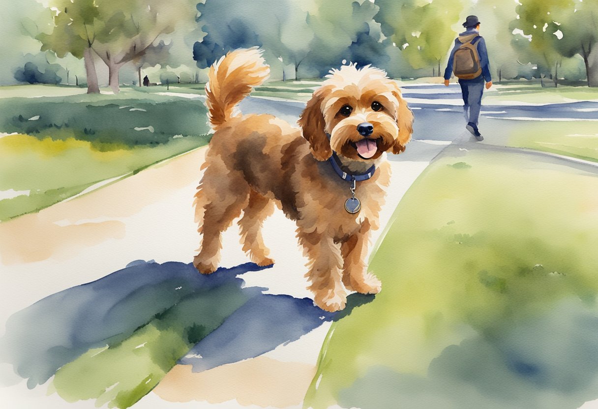 A Mini Cavapoo confidently walks through a park, engaging with other dogs and their owners, showing its friendly and sociable nature