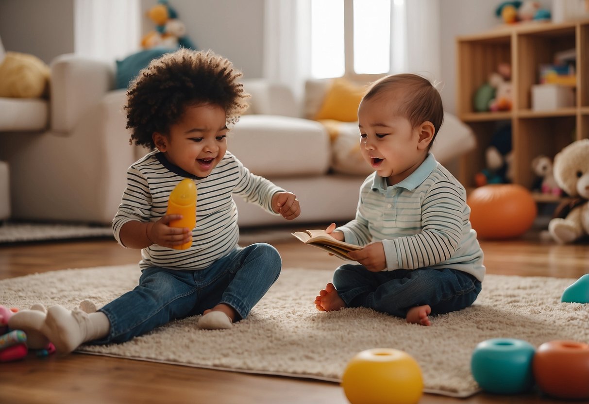 A colorful playroom with toys, books, and sensory activities. A parent interacts with a baby, engaging in tummy time, reading, and singing