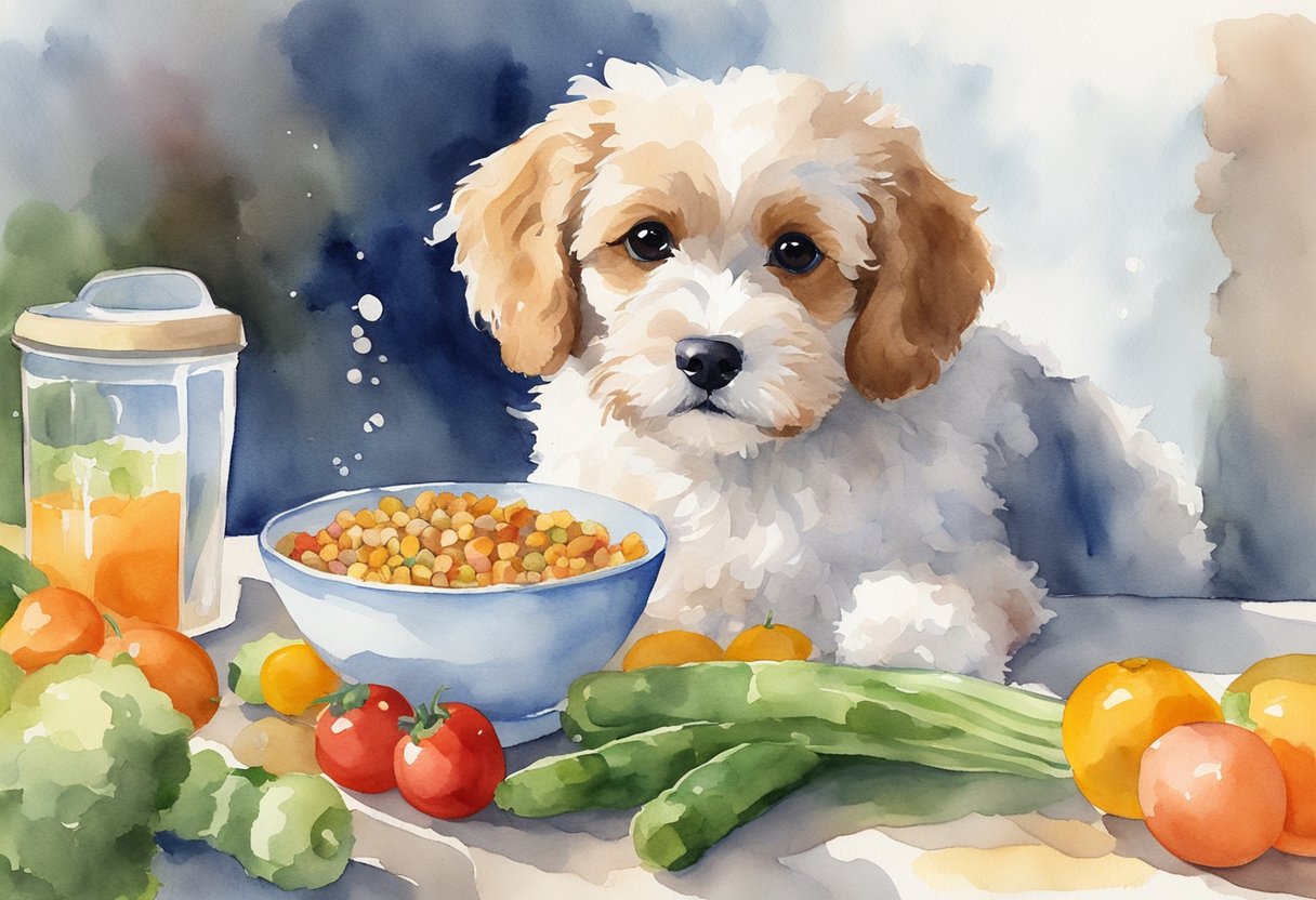 A Mini Cavapoo eagerly eats from a bowl of balanced, nutritious dog food, surrounded by fresh vegetables and a full water bowl