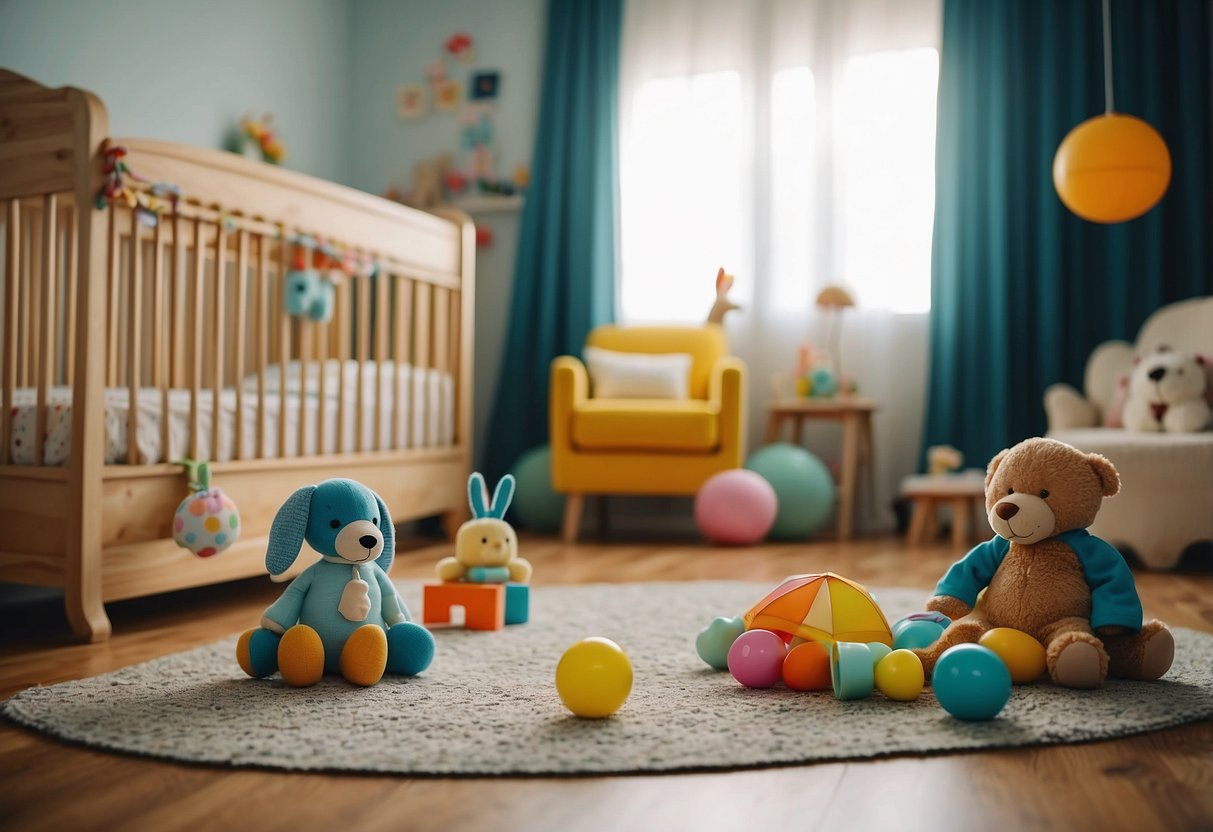 Children's toys scattered on the floor, a cozy reading nook, and a colorful mobile hanging above a crib