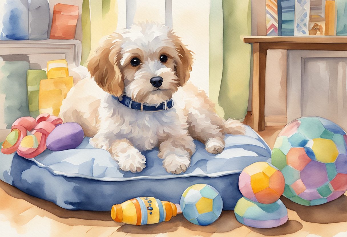 A Mini Cavapoo sits on a cozy dog bed, surrounded by toys and a water bowl. A leash and collar hang on a hook nearby. A "Welcome Home" sign adorns the wall