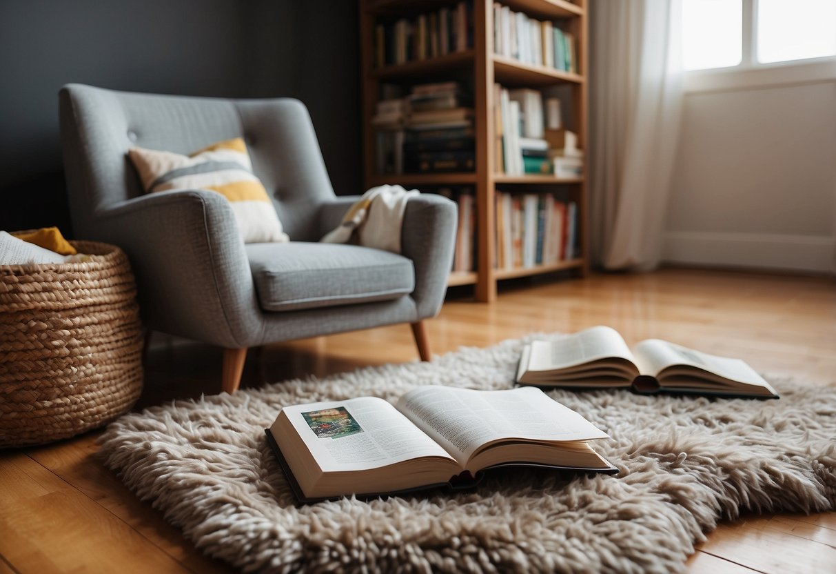 A cozy reading nook with colorful picture books scattered on the floor, a soft rug, and a comfortable chair for a parent to read to their baby