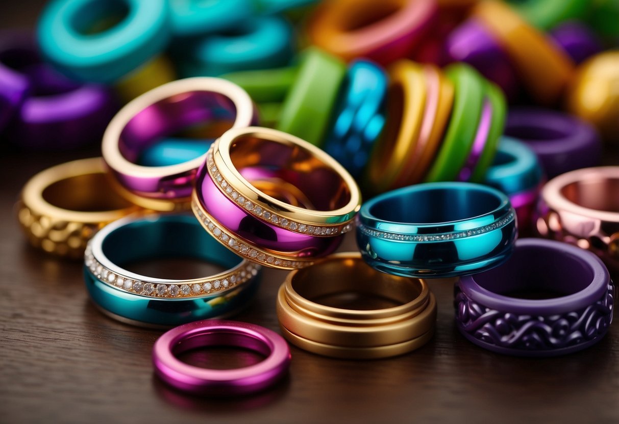 Colorful stacking rings arranged in a playful and inviting manner, with various textures and sizes, surrounded by toys and books