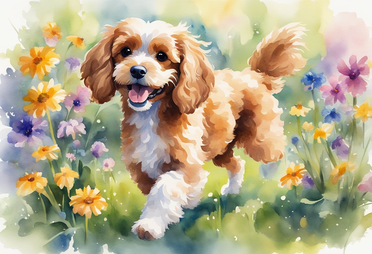 A playful Mini Cavapoo romps through a sun-dappled park, tail wagging and ears flopping, surrounded by colorful flowers and butterflies