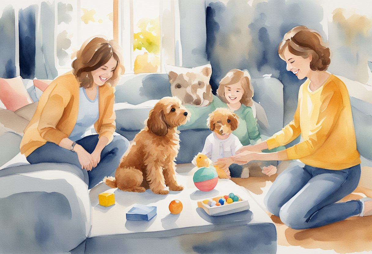 A Mini Cavapoo playing with a toy, surrounded by a family, with a happy expression