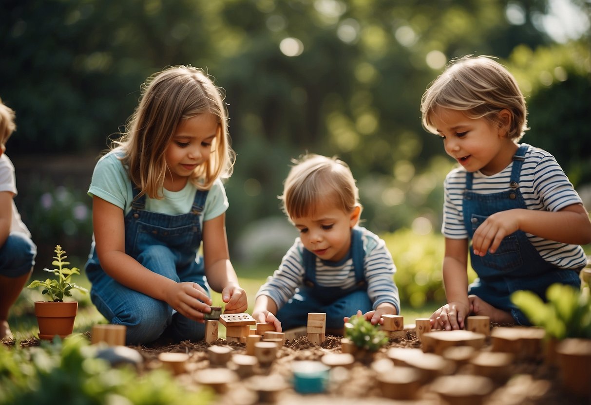 Children playing in a garden, exploring nature, reading books, building with blocks, painting, cooking, and engaging in imaginative play