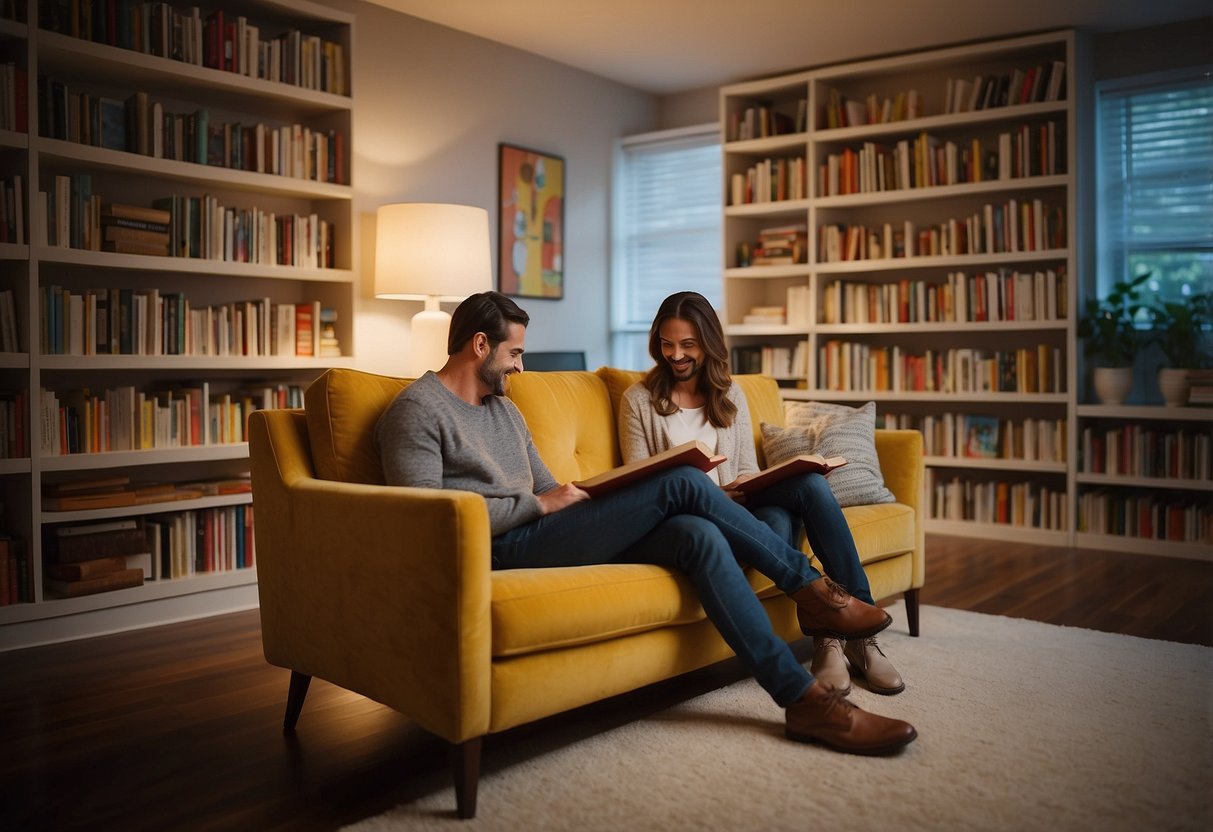 A cozy living room with a parent and child sitting on a comfortable couch, surrounded by shelves of colorful books. A warm lamp illuminates the room as they read together, creating a nurturing and encouraging environment for growth