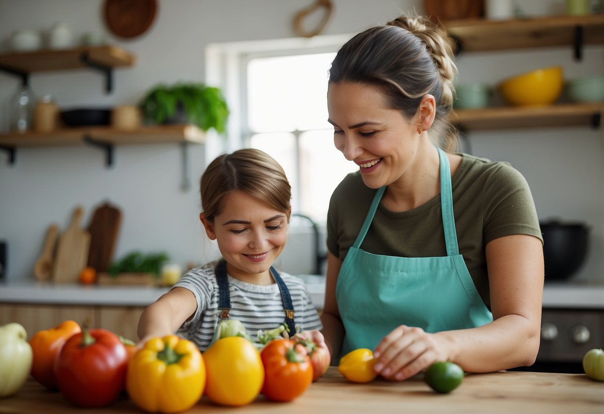 A parent and child stand side by side in a bright kitchen, surrounded by colorful ingredients and cooking utensils. They are happily working together, following a recipe and exploring new flavors