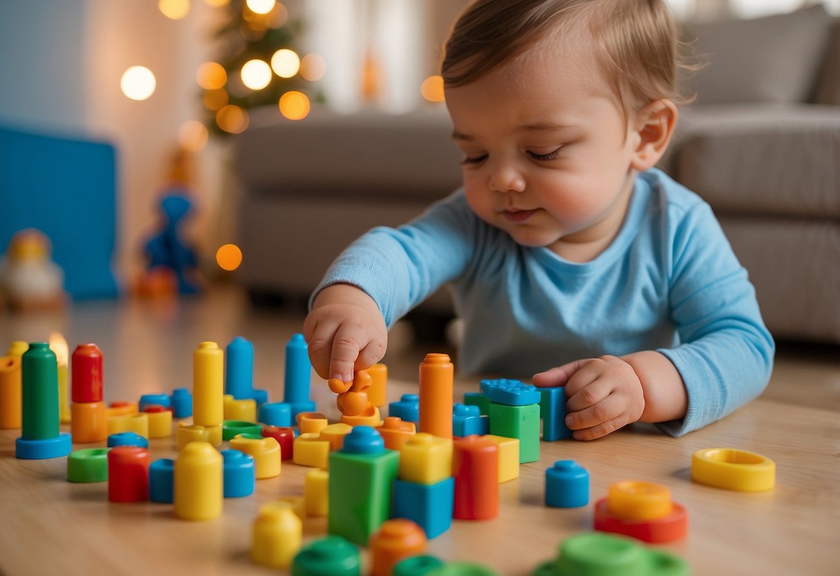 Infants engaged in sensory play, responsive communication, and positive reinforcement from caregivers. Interactive toys and books promote cognitive and motor skill development