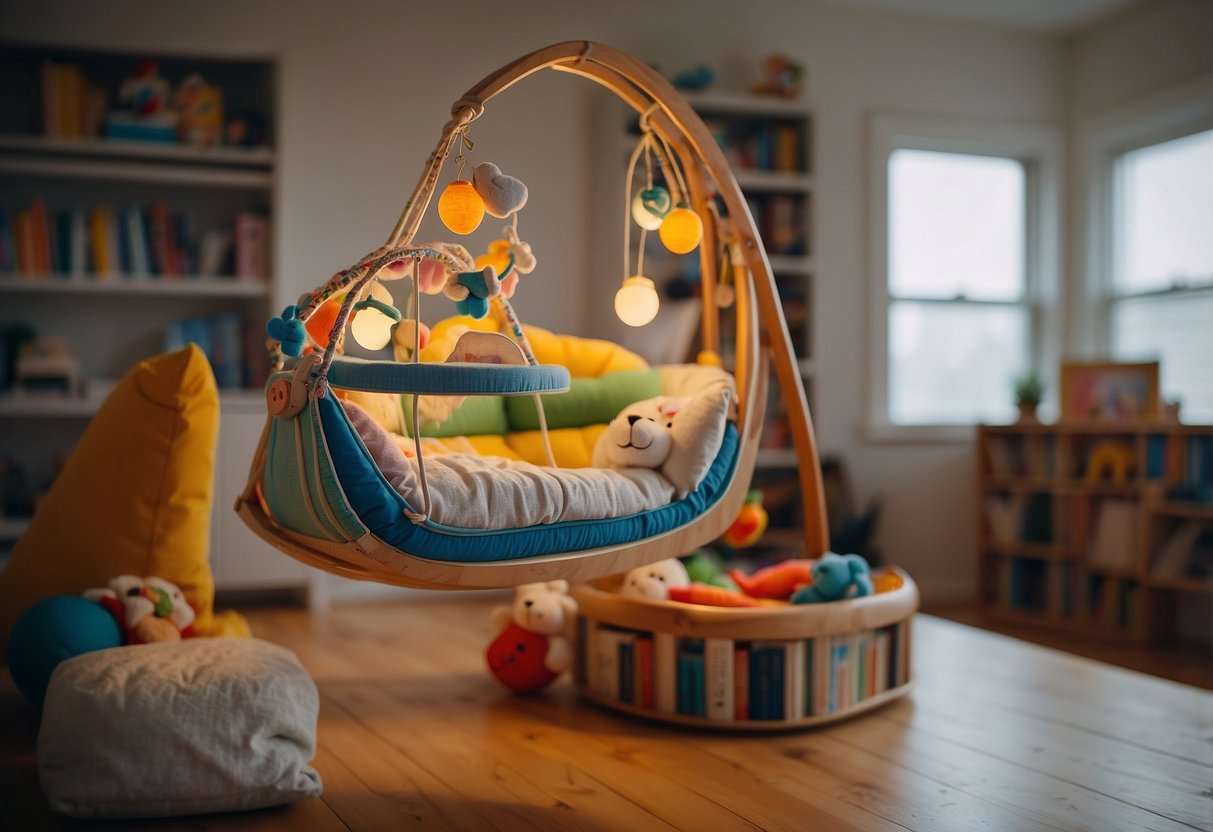 A colorful mobile hangs above a crib, playing soft melodies. A bookshelf filled with children's books sits nearby. A parent reads to their infant, surrounded by toys and a cozy rocking chair