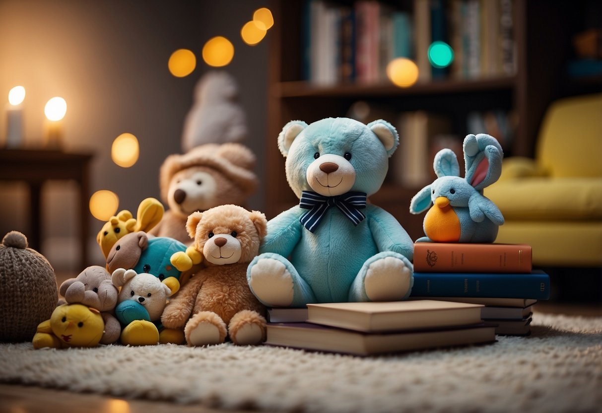 A colorful array of baby toys and books spread out on a soft, plush rug, surrounded by a cozy, inviting space for interaction and play