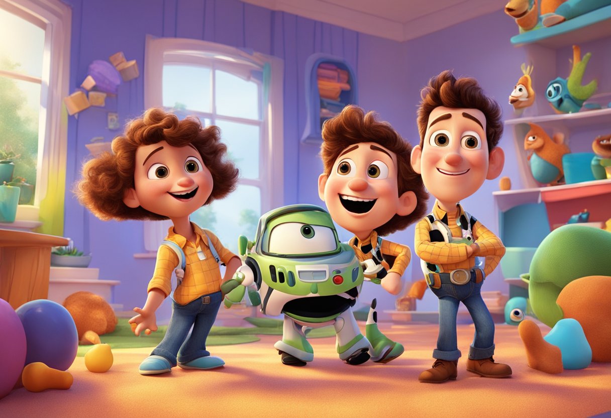 A colorful and dynamic scene with three Pixar characters in a playful and whimsical setting, showcasing their unique personalities and interactions