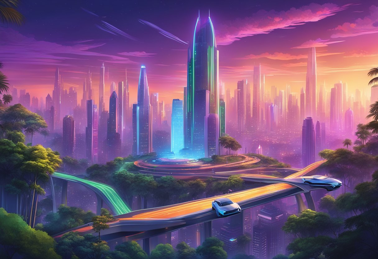 A colorful, futuristic cityscape with flying cars and towering skyscrapers, illuminated by neon lights and surrounded by lush greenery