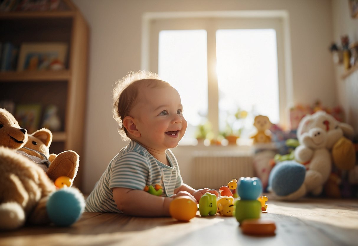 A smiling baby surrounded by toys, books, and healthy food. A growth chart on the wall shows steady progress. Sunlight streams in through a window, creating a warm and nurturing atmosphere