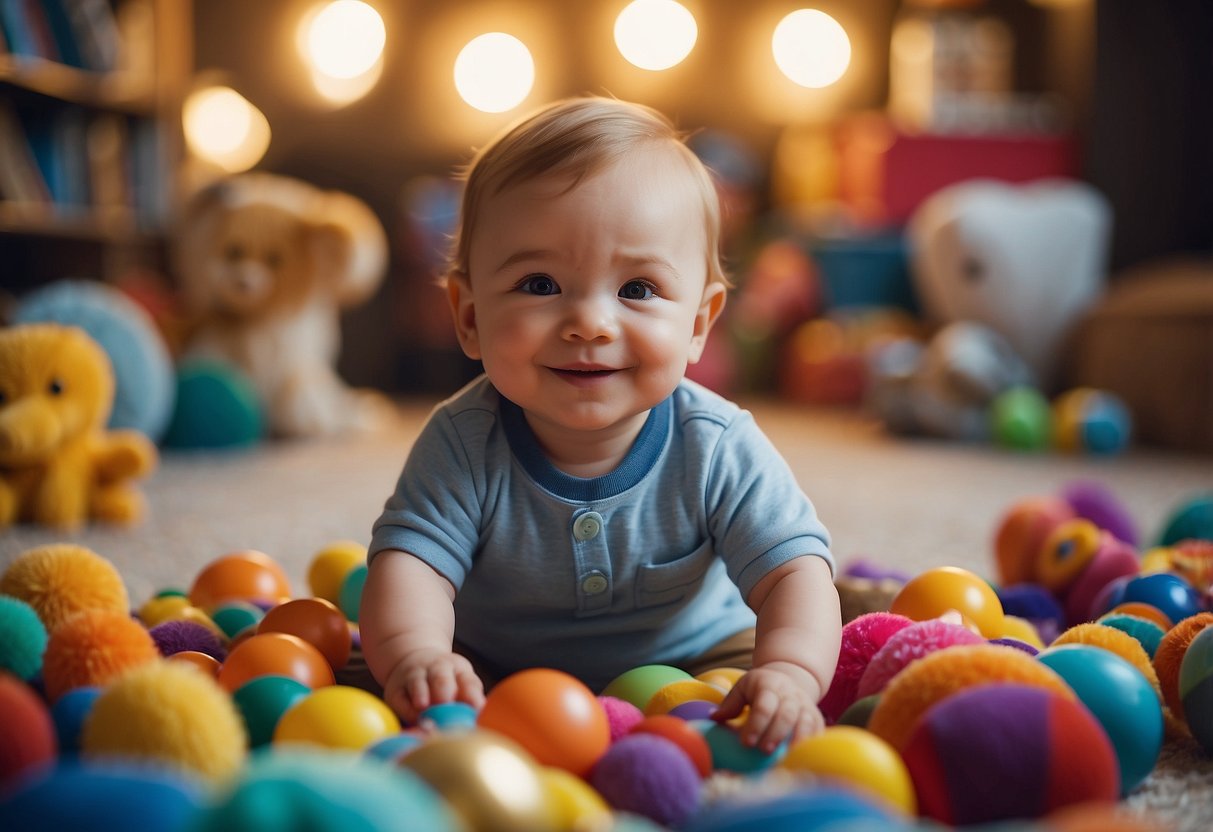 A smiling baby surrounded by colorful toys and books, reaching out to explore and engage with their environment. Bright light and a cozy atmosphere convey a sense of warmth and security